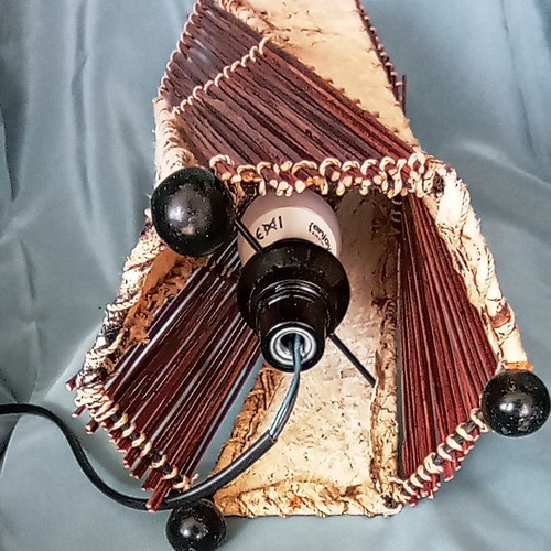 Handmade rustic table lamp with birch bark and wooden rods, used, 32 cm