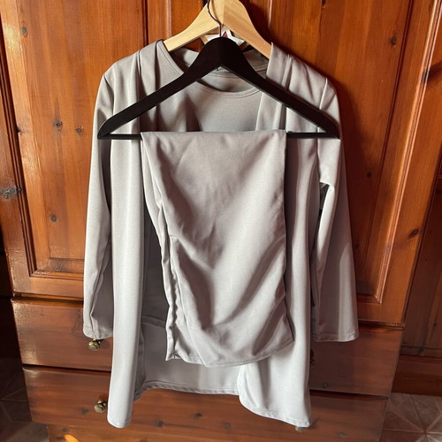 Elastic set jacket-blazer asymmetrical blouse and pants new, gray