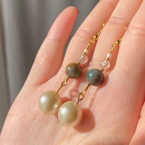 Handmade Coquette Earrings with Natural Agate, Faux Pearls and Glass Beads