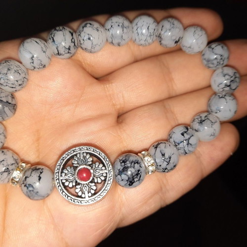 Bracelet with gray haolite semi-precious stones and metal cross new