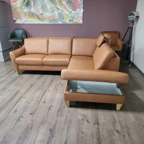 Light Brown Leather Corner Sofa Viola new with storage function