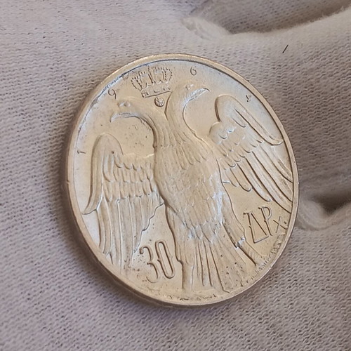 Lot of 2 Greek coins silver 30 drachmas 1964 royal wedding and 5 drachmas 1930 AU58 London mint
