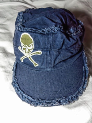 Denim hat with skull used, size 58, blue and green