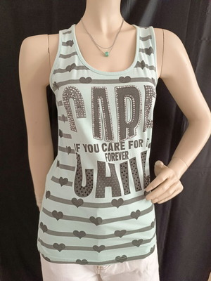 Women's summer turquoise top with black letters and strass used, size M