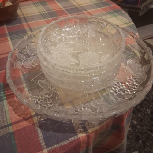 Napoli vintage frosted real crystal serving platter with 4 matching plates