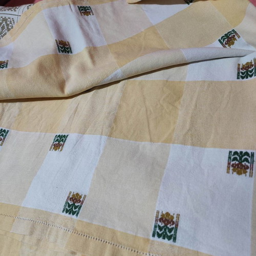 Cretan woven tablecloth new, ecru with khaki-gold patterns