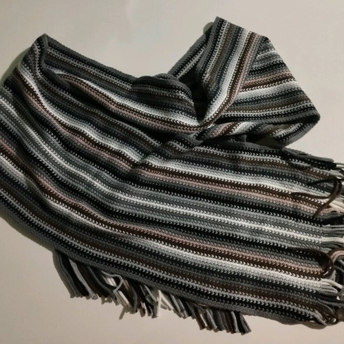 Scarf with stripes and fringes like new, gray and brown