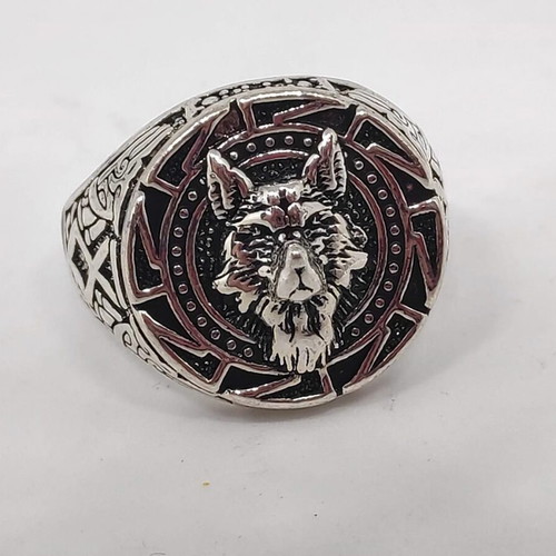 Men's Wolf Head Ring with Viking Symbols like new