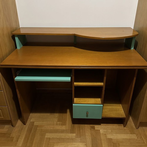 Wooden classic desk used with raised shelf and drawers