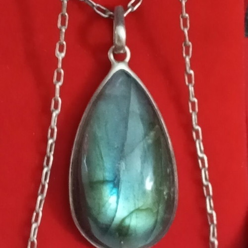 925 Silver Labradorite Necklace used, teardrop pendant 4.5x2cm, 48cm chain