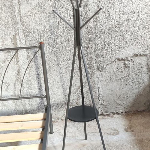 Metal double bed, nightstand and coat rack set like new