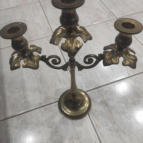 Vintage brass three-arm candlestick used with leaf decoration