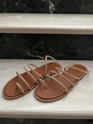 Strass sandals, brown and gold, size 38