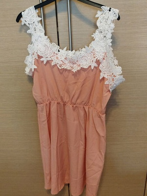 Coral dress with white floral design, size Large, new