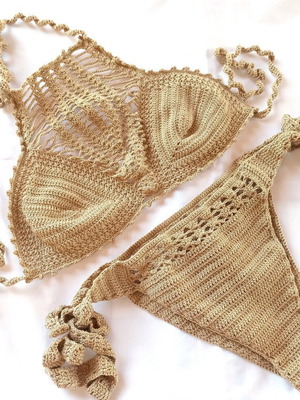 Handmade knitted bikini set new, size small, beige