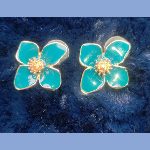 Flower stud earrings with petrol and gold enamel new