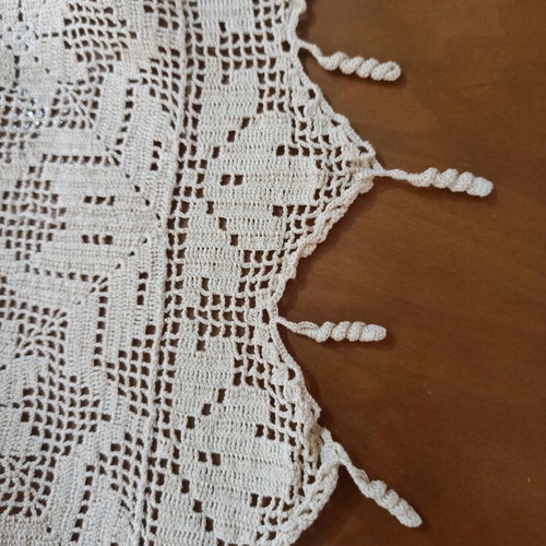 Tablecloth new handmade crochet with lace and beige fringes