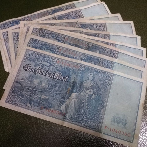 German 100 mark banknotes 1910 used, rare authentic