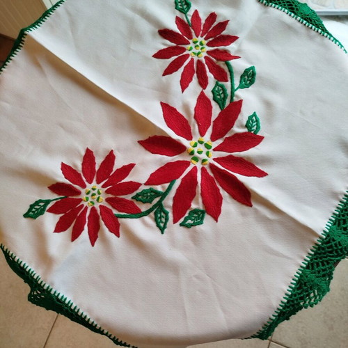 Christmas handmade vintage tablecloth used with embroidery and knitted border
