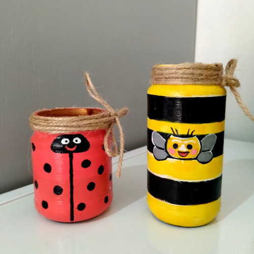 Glass vases with handmade bee and ladybug painting, new