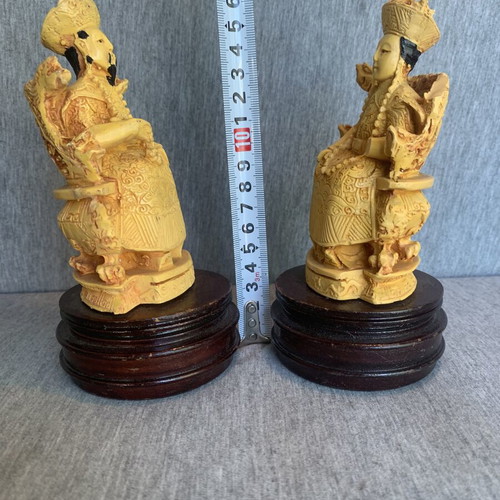 Asian emperor and empress figurines used, polyresin on wooden bases