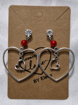 Handmade heart earrings with rhinestones new, red and silver