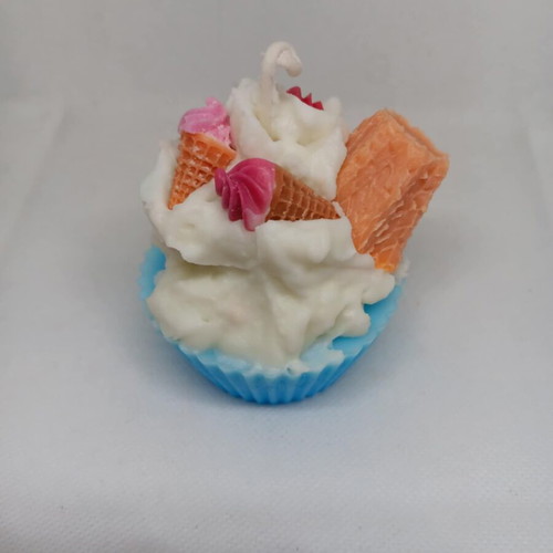 Handmade cupcake candle with whipped cream and ice cream cones, coconut or cookie scent