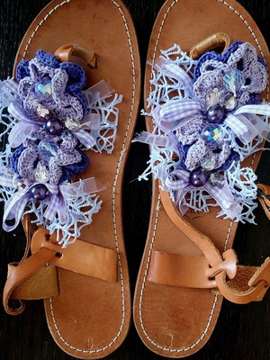 Leather handmade sandals used with unique knitted design brown size 37
