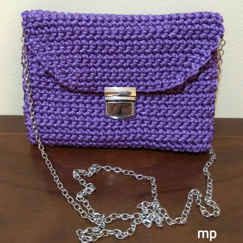 Knitted handmade crossbody bag new, purple with silver chain