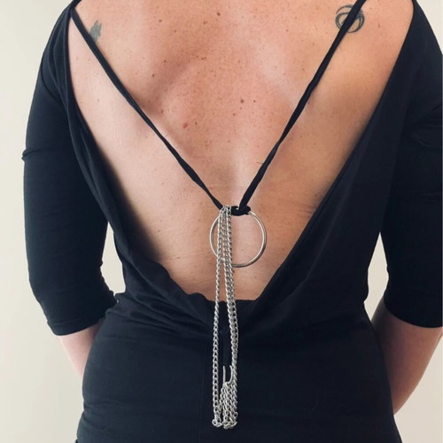 Black blouse like new with metal ring and chain back opening, 3/4 sleeves