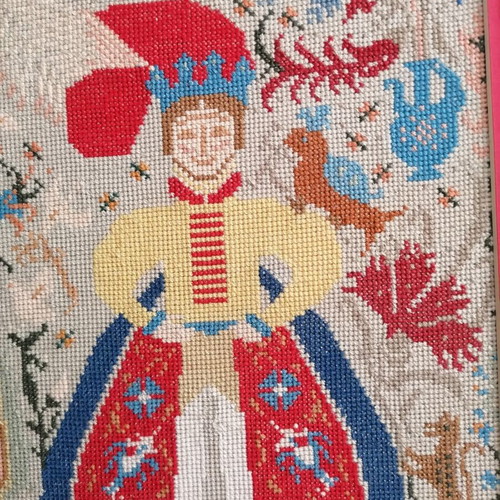 Gianniotiko embroidery used, framed king and queen wedding scene