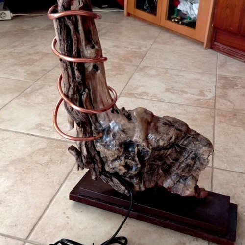 Handmade Driftwood Table Lamp with Copper Spiral and New Lampshade