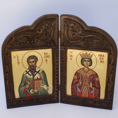 Saint Basil and Saint Catherine Diptych Icon with Gold Leaf and Wooden Frame new