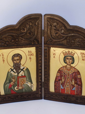 Saint Basil and Saint Catherine Diptych Icon with Gold Leaf and Wooden Frame new