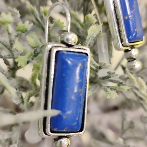 Lapis Lazuli rectangular drop earrings, antique silver tone