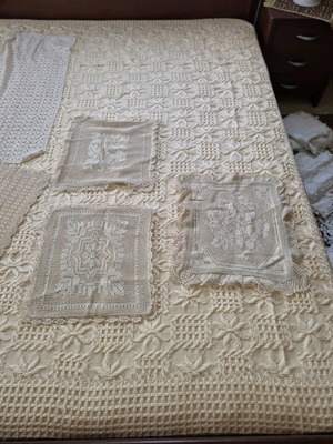 Handmade table linens set of 5 in brown and salmon colors, new