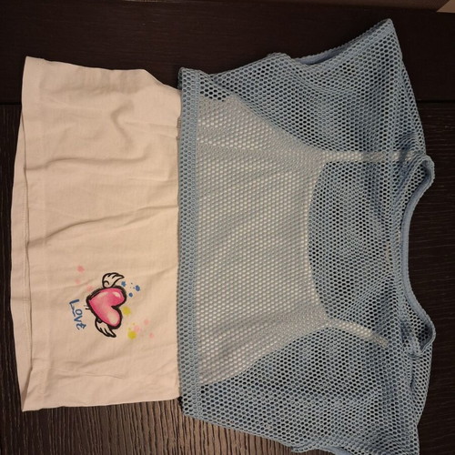 Girls' short-sleeve double top like new, sizes 128-134 cm, white and blue