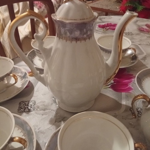Porcelain vintage luxury tea set, 8 pieces, white and light blue