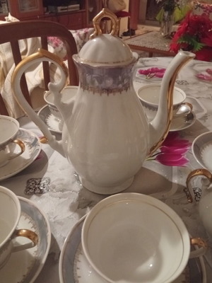 Porcelain vintage luxury tea set, 8 pieces, white and light blue