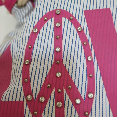 Lovie beach bag used, 100% cotton, white with blue stripes and pink letters