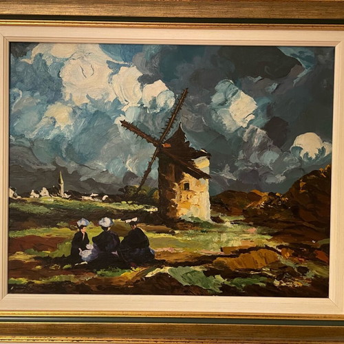 Oil painting Windmill and Dutch women used, 1970s oil on canvas