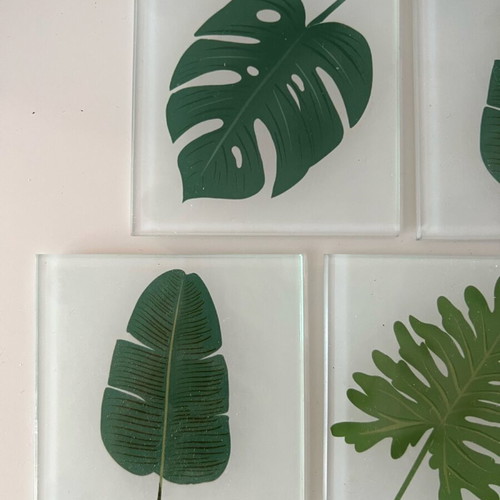 Glass coasters with cases, set of 7, new