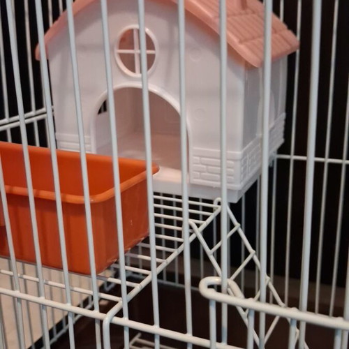 Hamster cage like new with two doors, house, feeder, and water bottle