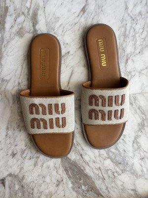 Miu Miu logo-appliqué sandals new, size 38, beige and brown
