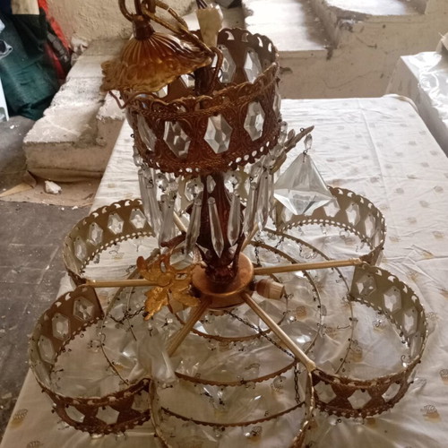 Vintage ceiling lights pair used, brass frame with glass crystals