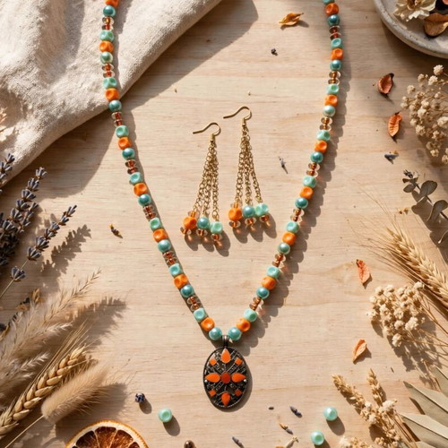 Handmade orange and green color long necklace and earrings set