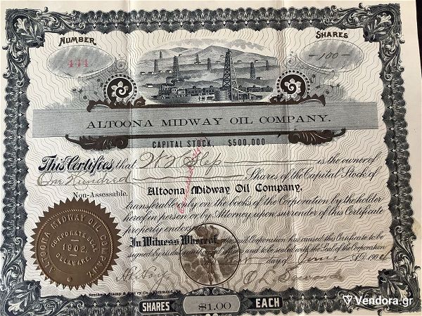  1904 metochi , titlos 100 metochon petrelaikis eterias Altona Midway Oil Company