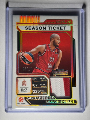 2025-26 Panini Contenders EuroLeague κόκκινη κάρτα με patch Shavon Shields σαν καινούργιο