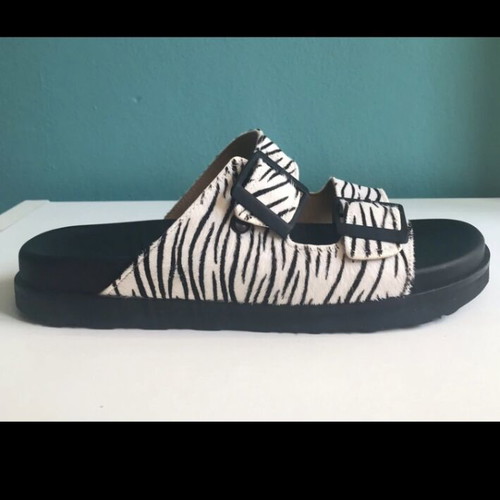 Ateneo Leather Flatform Sandals with Zebra Print, New, Size 38