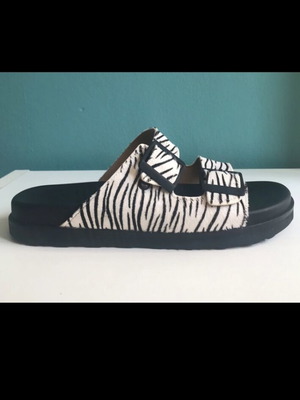 Ateneo Leather Flatform Sandals with Zebra Print, New, Size 38